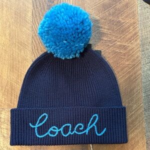 Coach Blue Script Logo Pom Pom Beanie